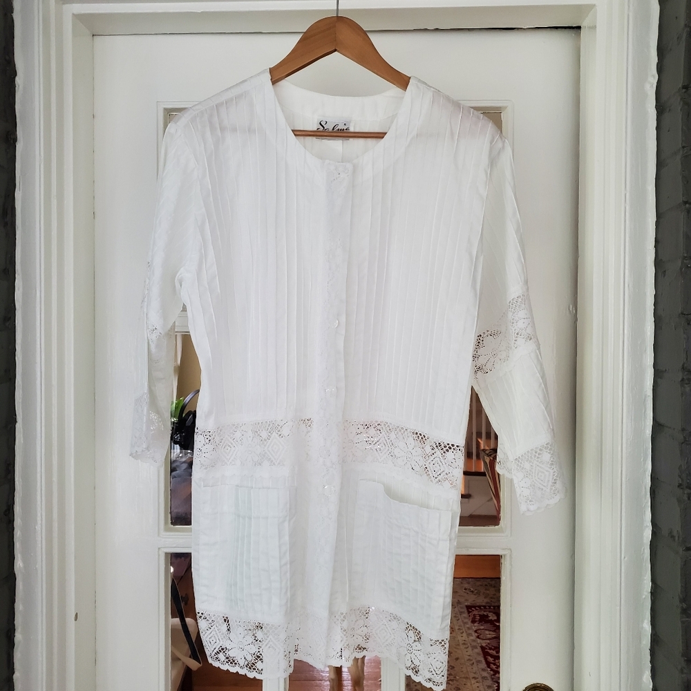 Vintage Salma White Coverup Lace Accents Pockets Sz Small